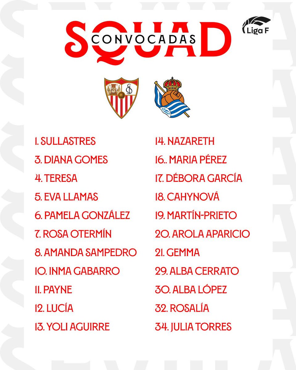 📋 CONVOCADAS | Esta es la convocatoria de <a href="/CristianToroDT/">Cristian Toro</a> para la vigesimosegunda jornada del #SevillaFCFem en la <a href="/LigaF_oficial/">Liga F</a> ante la <a href="/RealSociedadFEM/">Real Sociedad Femenino</a>. ⚽️⚪️🔴

👶 Se estrenan Rosalía y Julia Torres. 👏🏻🔝

#SevillaFCRealSociedad #LigaF #WeareSevilla #NuncaTeRindas