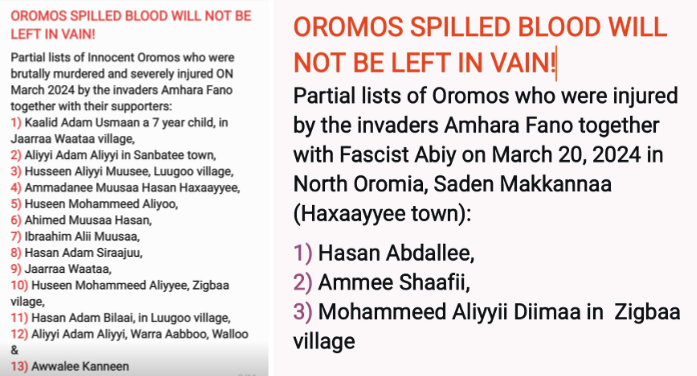 QubeeMN's tweet photo. Invasjonen mot Walloo Oromos i Jillee Dhummuggaa-distriktet 20.3.2024 ble utført av Amhara #FANO-militanter, Amhara-milits, Amhara Special Forces-politiet &amp; fascisten Abiys brann- og drapsskvadroner. De drepte 11 &amp; skadet 20 Oromos https://t.co/fTvHBGBOhr @MikeHammerUSA…