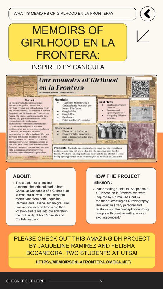 UTSA_CEDISH's tweet image. Please visit Memoirs of Girlhood en la Frontera to see the amazing work done by two UTSA students, Ramirez and Felisha Bocanegra. 

Visit the site here: memoirsenlafrontera.omeka.net

#BorderlandsDH #PublicDigitalHumanities
#DigitalHistory #HumanitiesData #DataAnalysis