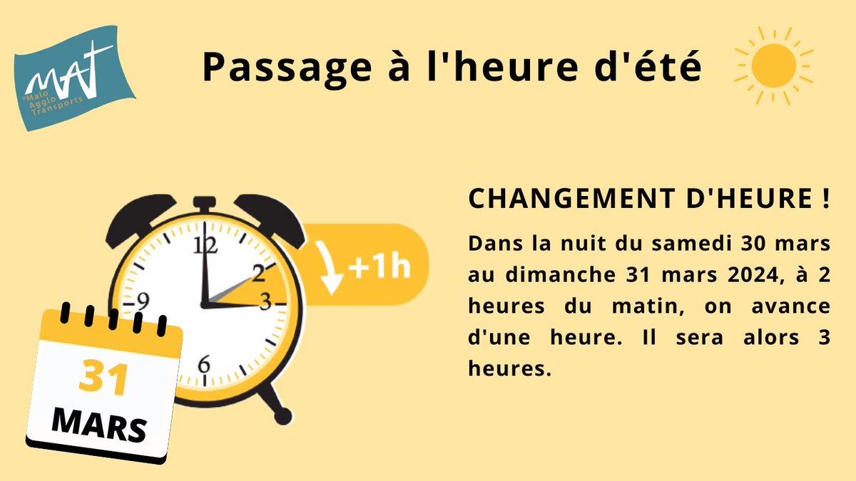 [Changement d'heure] et [Jour férié] 
✅Ce week-end, n'oubliez pas le changement d'heure avant de prendre le bus ! 
✅Le lundi de Pâques 1er avril, le réseau fonctionnera suivant les horaires "dimanche et jours fériés"
