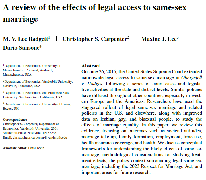 🏳️‍🌈In an era where #LGBTQ rights face relentless challenges globally, our latest paper published in @JPAM_DC (co-authored with @LeeBadgett, Kitt Carpenter, and Maxine Lee) reviews the economic effects of legalizing same-sex marriage #EqualityMatters A 🧵 of the main findings