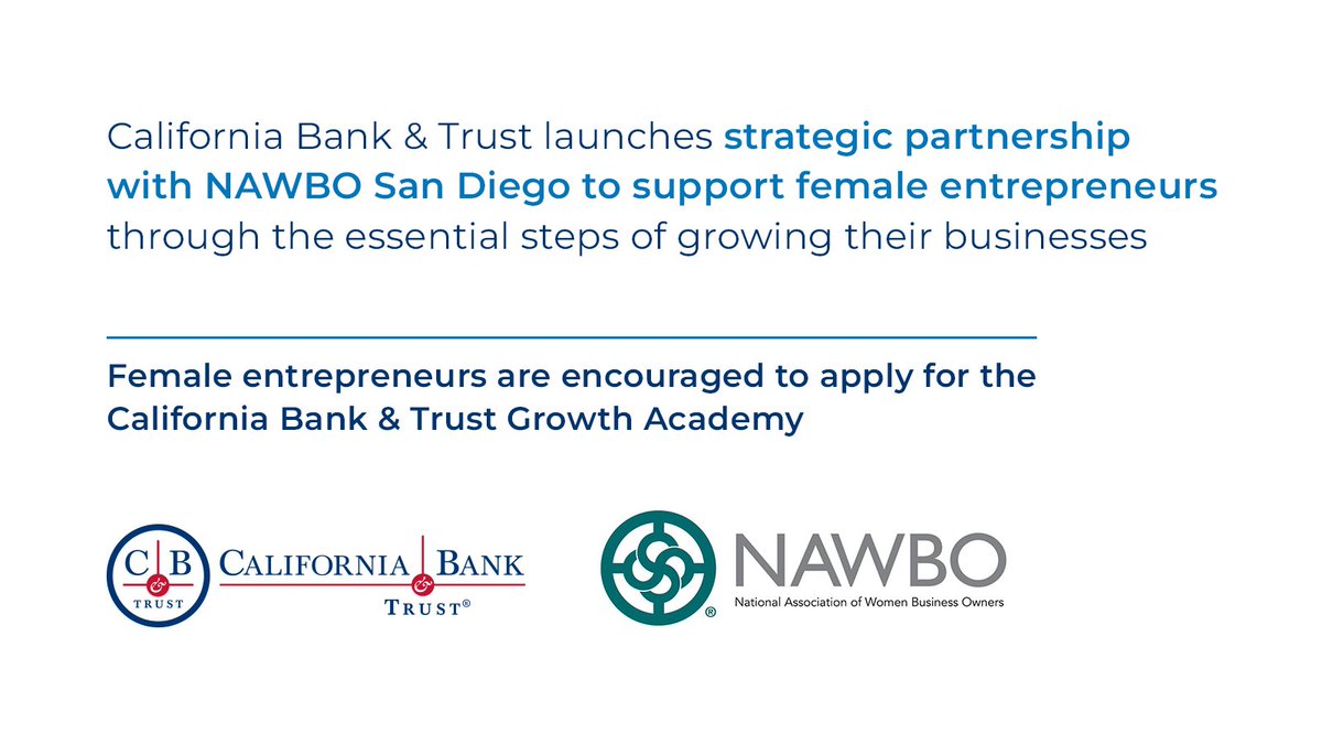 Are you a female entrepreneur ready to take your business to the new heights? @NAWBONational San Diego presents the CB&T Growth Academy! The Academy guides female entrepreneurs through steps to grow their business. Apply here to participate: bit.ly/3VDkFgU