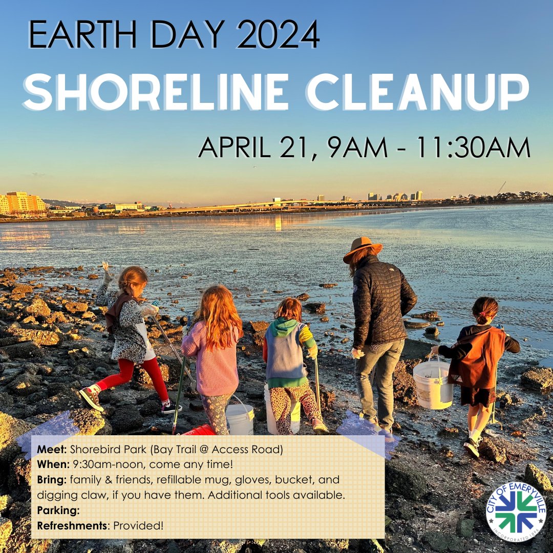 Looking for ways to celebrate Earth Day and beautify the community? Look no further – come on out Sunday, April 21st to the annual Emeryville Earth Day Shorebird Park Cleanup any time from 9 AM - 11:30 AM. Snacks and refreshments provided, we look forward to seeing you out there!