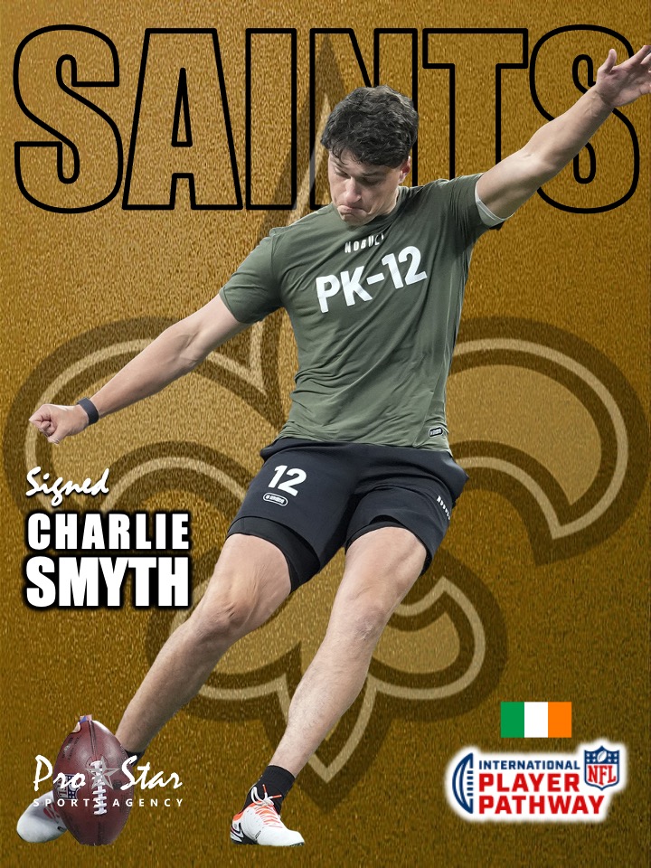 CONGRATULATIONS to Ireland's own @csmyth2601 on signing with the @Saints! Team effort with @TadhgLeader @James07Cook @NFL IPP. A big step in the journey for the @officialDownGAA goalkeeper! #WhoDat☘️⚜️