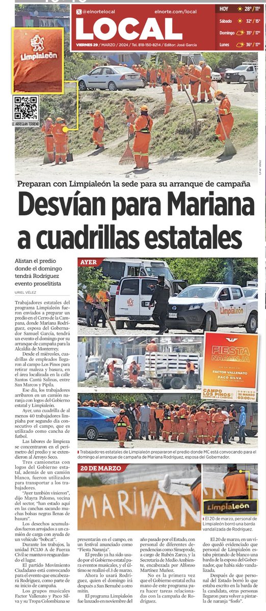 angelcharlsmty's tweet photo. Aún no arrancan las campañas, pero los desvíos de @nuevoleon a favor de @marrdzcantu están a la orden del día: empleados estatales preparan terreno donde será arranque de campaña de la candidata emecista a la Alcaldía regia y esposa de @samuel_garcias 

Vía @elnortelocal https://t.co/xyMxoQfsLr