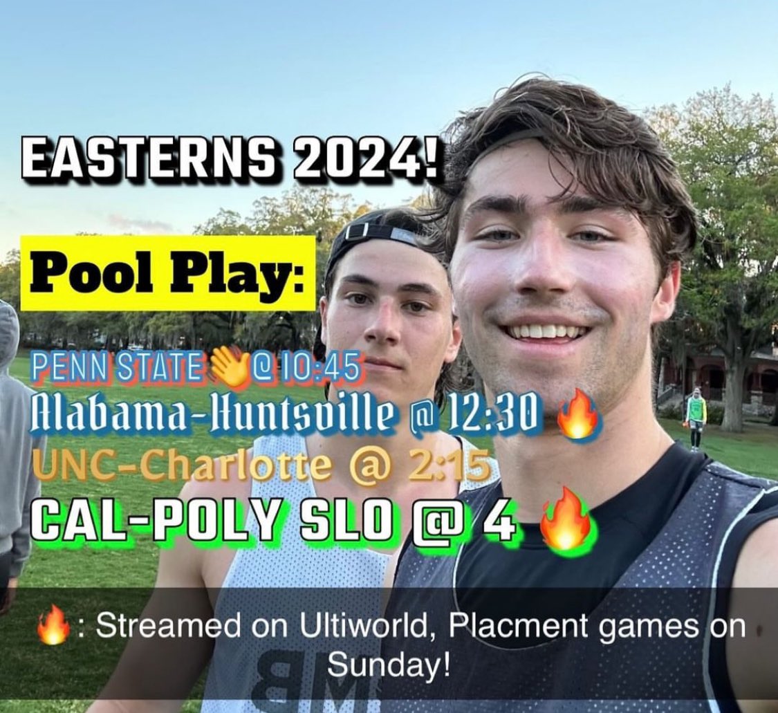BMoUltimate's tweet photo. BMo is beasting down to easterns! 
We have four awesome games tomorrow, including streamed matches vs UAH at 12:30 and Cal Poly at 4:00 on Ultiworld https://t.co/Rc8a2aOZTv