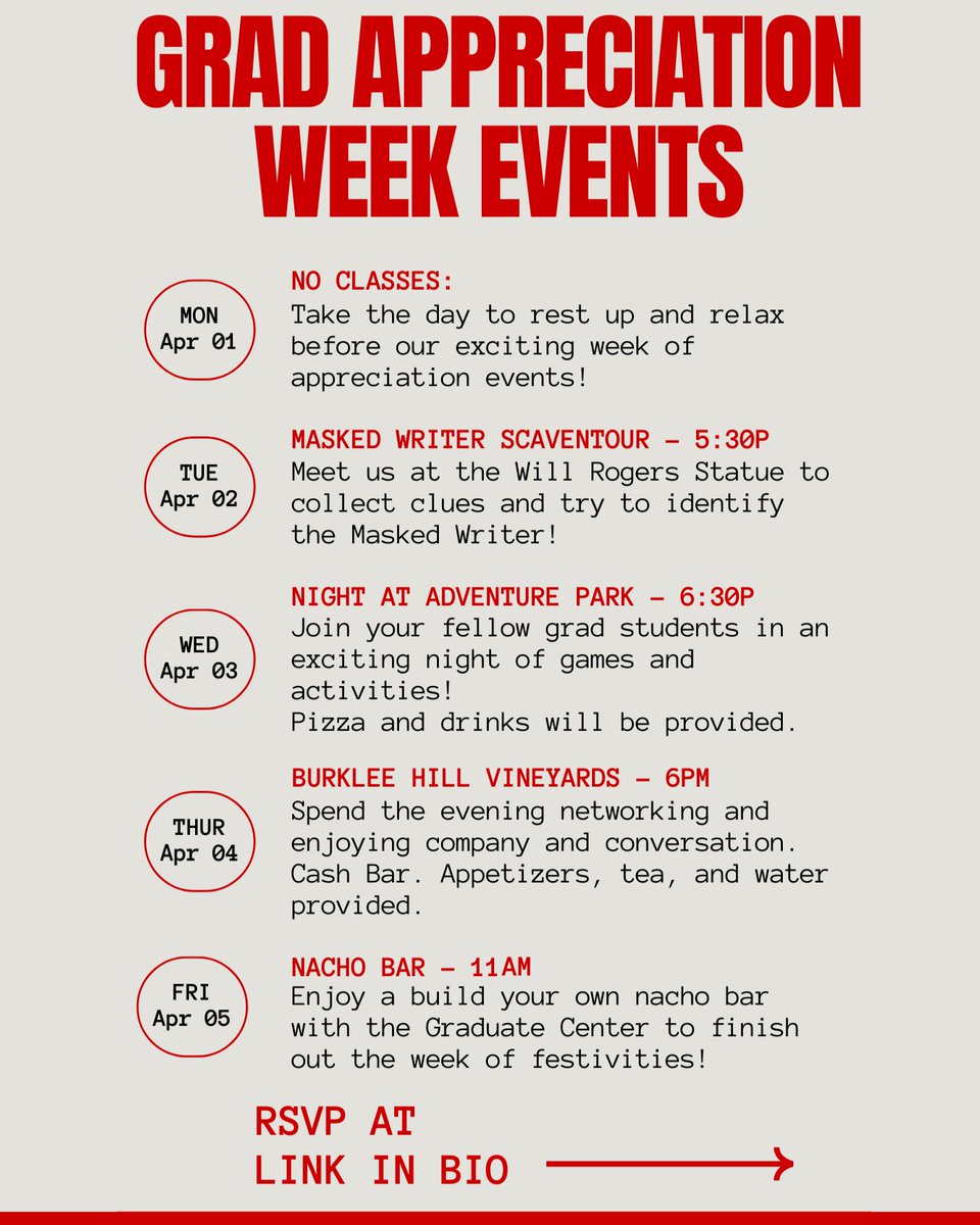 Next week is GRADUATE STUDENT APPRECIATION WEEK‼️‼️ Join us as we show our appreciation for our students and all that they do across campus. RSVP IS REQUIRED FOR ALL EVENTS. RSVP at Linktr.ee/TTUGradSchool Use #TTUGSAW24 to share your photos from the week with us!