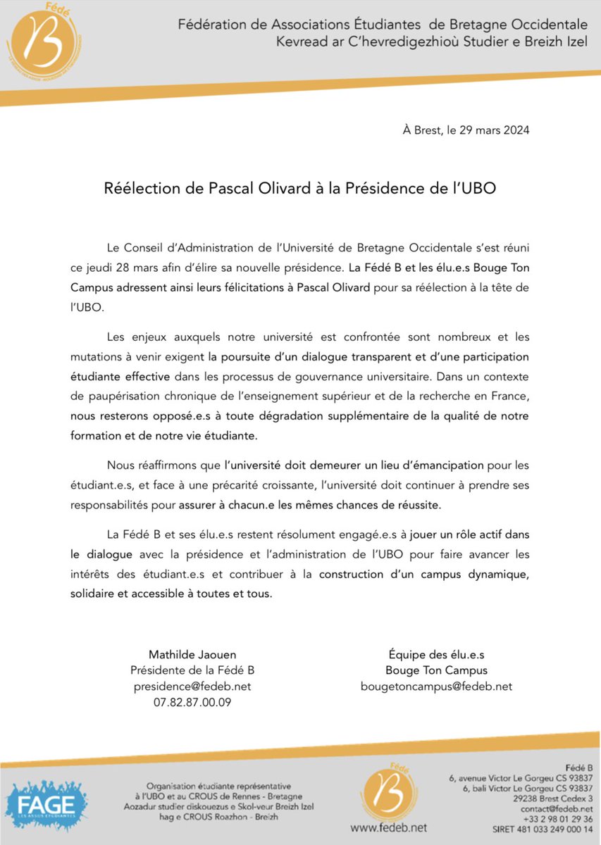 #CDP | La <a href="/fedebzh/">Fédé B</a> et les éluEs BTC adressent leurs félicitations à <a href="/PascalOlivard/">Pascal Olivard</a> pour sa réélection à la tête de l’<a href="/UBO_UnivBrest/">UBO - Univ. Brest</a>.

Nous poursuivrons notre travail avec l’ensemble des instances pour l’avenir de l’#université et l’amélioration des conditions de vie étudiante.