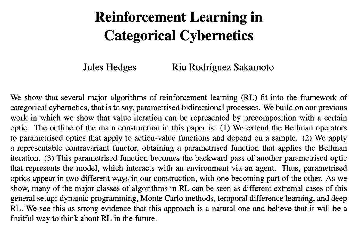 Abstract for an upcoming paper, to be released on the arXiv next week: Reinforcement Learning in Categorical Cybernetics