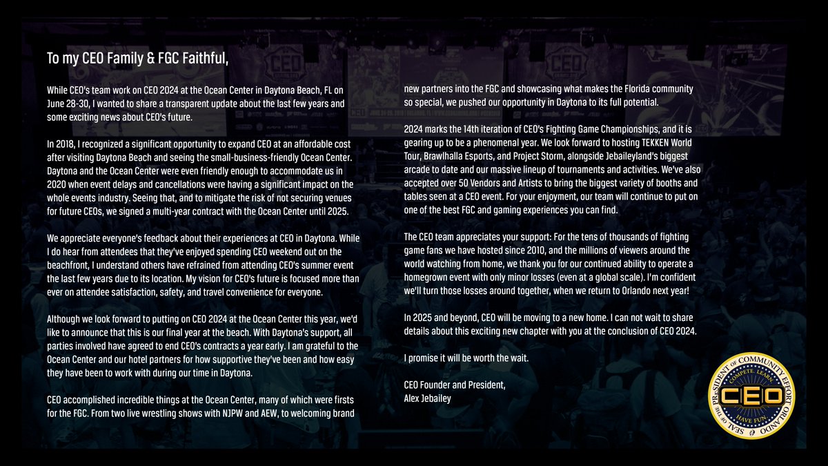 I think it's time I share an important update about @CEOGaming's future. P.S. Don't forget to register for #CEO2024 on start.gg/ceo