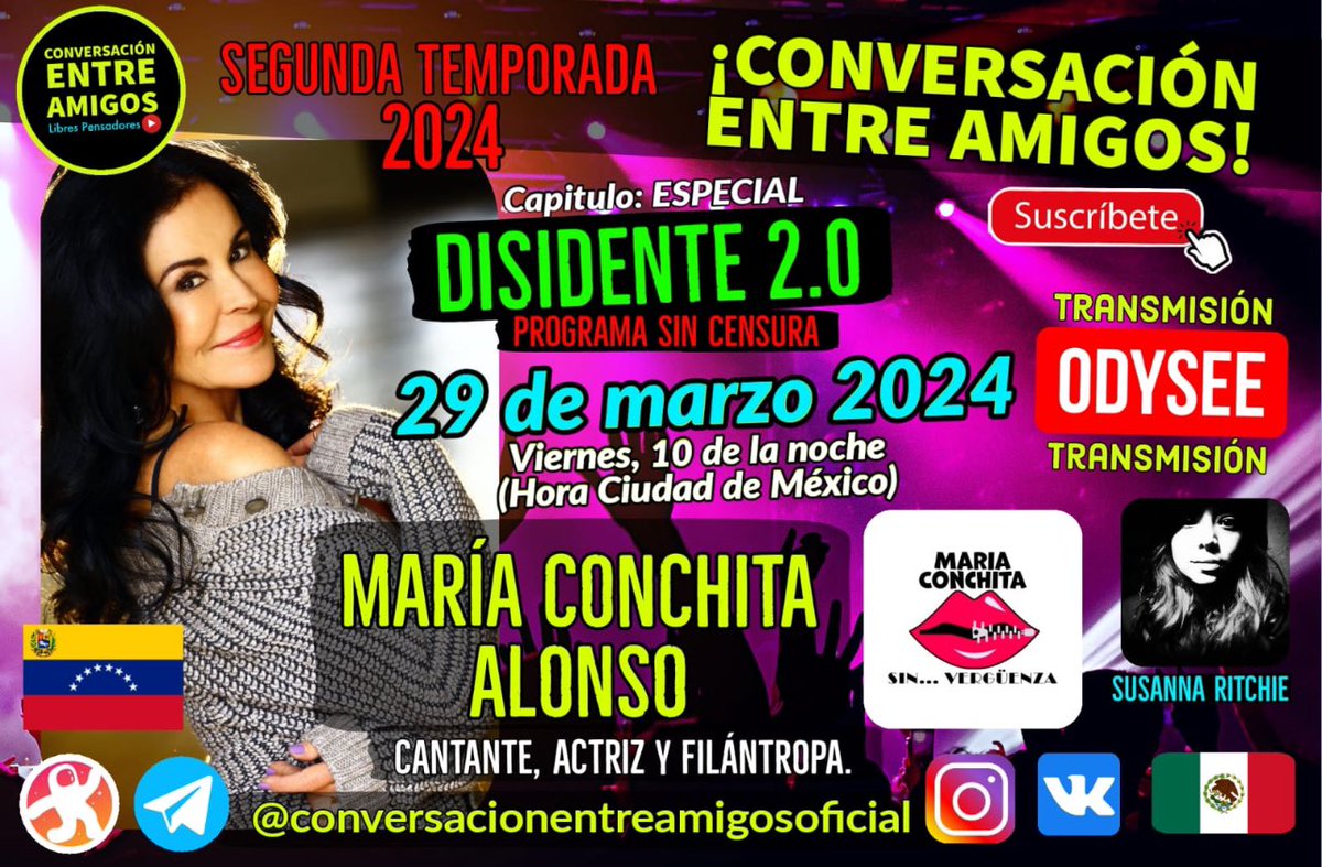 Hoy 10’pm (CDMX) la entrevista de @MariaConchita_A aquí 👇🏼 odysee.com/@conversacione… @Allpartsmove @GeneraMusica @SUSANNARITCHIE