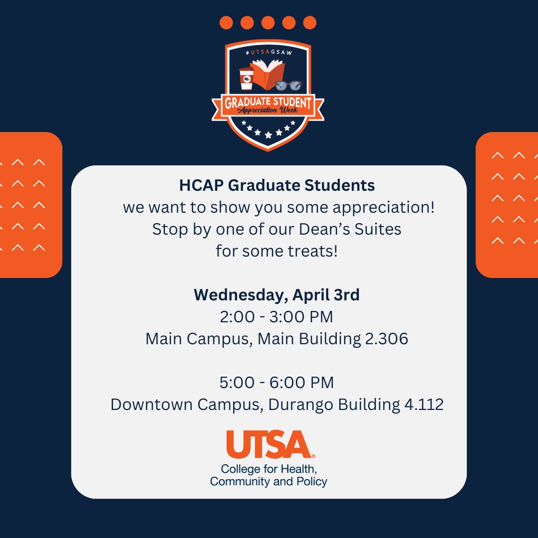 It's Graduate Student Appreciation Week! Stop by one of our HCAP Dean's Suites tomorrow (Wednesday) for some treats!