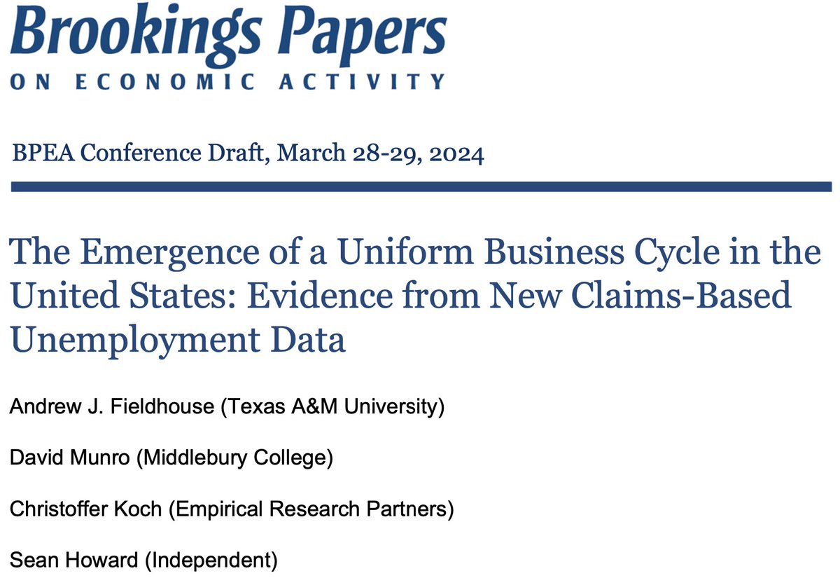 Had a great time presenting our paper “The Emergence of a Uniform Business Cycle in the United States: Evidence from New Claims-Based Unemployment Data” (joint w @D_Munro_Econ, @ChristofferKoch & Sean Howard) at #BPEA Spring 2024 today