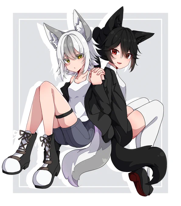 820日目白狼のブランシュと黒狼のハク#一日一絵 #うちよそ色相環 