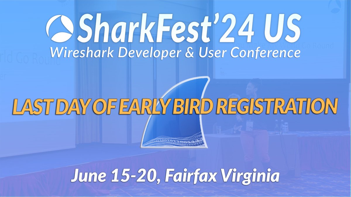 wiresharkfest's tweet image. Last call for early bird registration! Today is the last day to save on registration for SharkFest'24 US: the ultimate #Wireshark training experience

Elevate your network analysis game with advanced techniques by signing up today!

sharkfest.wireshark.org/sfus

#NetworkAnalysis #PCAP