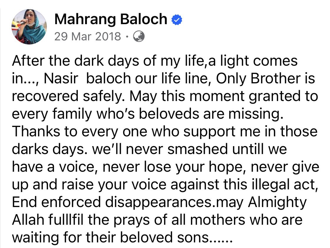 MahrangBaloch_'s tweet photo. Six yrs ago today, my brother Nasir was released after 3 months of forced disappearance.The memories of his abduction remain vivid in my mind, reminding me of d anguish endured each day. My heart goes out to any sister who has experienced similar pain.
#EndEnforcedDisappearnces https://t.co/DH54y4YoYE