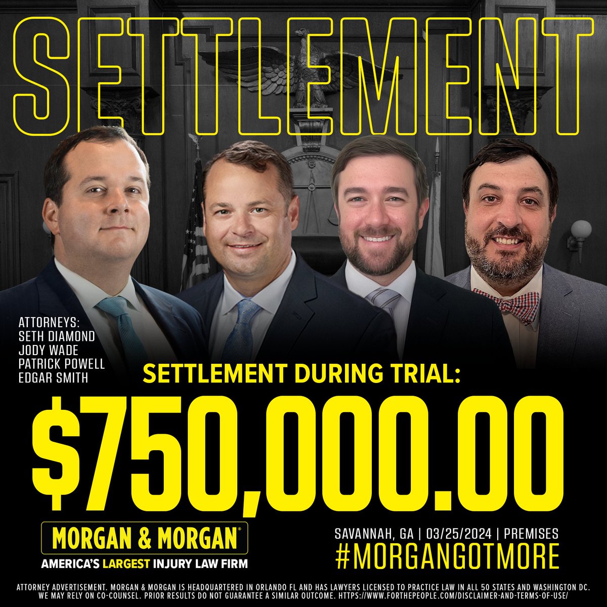 Congratulations to Seth Diamond, Jody Wade, Patrick Powell and Edgar Smith for securing a $750,000.00 settlement during trial for our client in Savannah! #MorganGotMore #ForThePeople