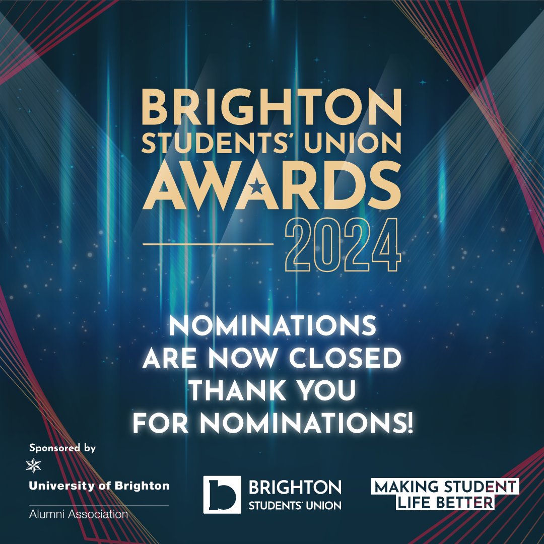 ✨Nominations for the Brighton Students' Union Awards 2024 are now closed!✨ We would like to thank everyone for all your nominations. We look forward to announcing the results soon!💙 #BSUUnionawards2024 #brightonstudentsunion #brightonuni