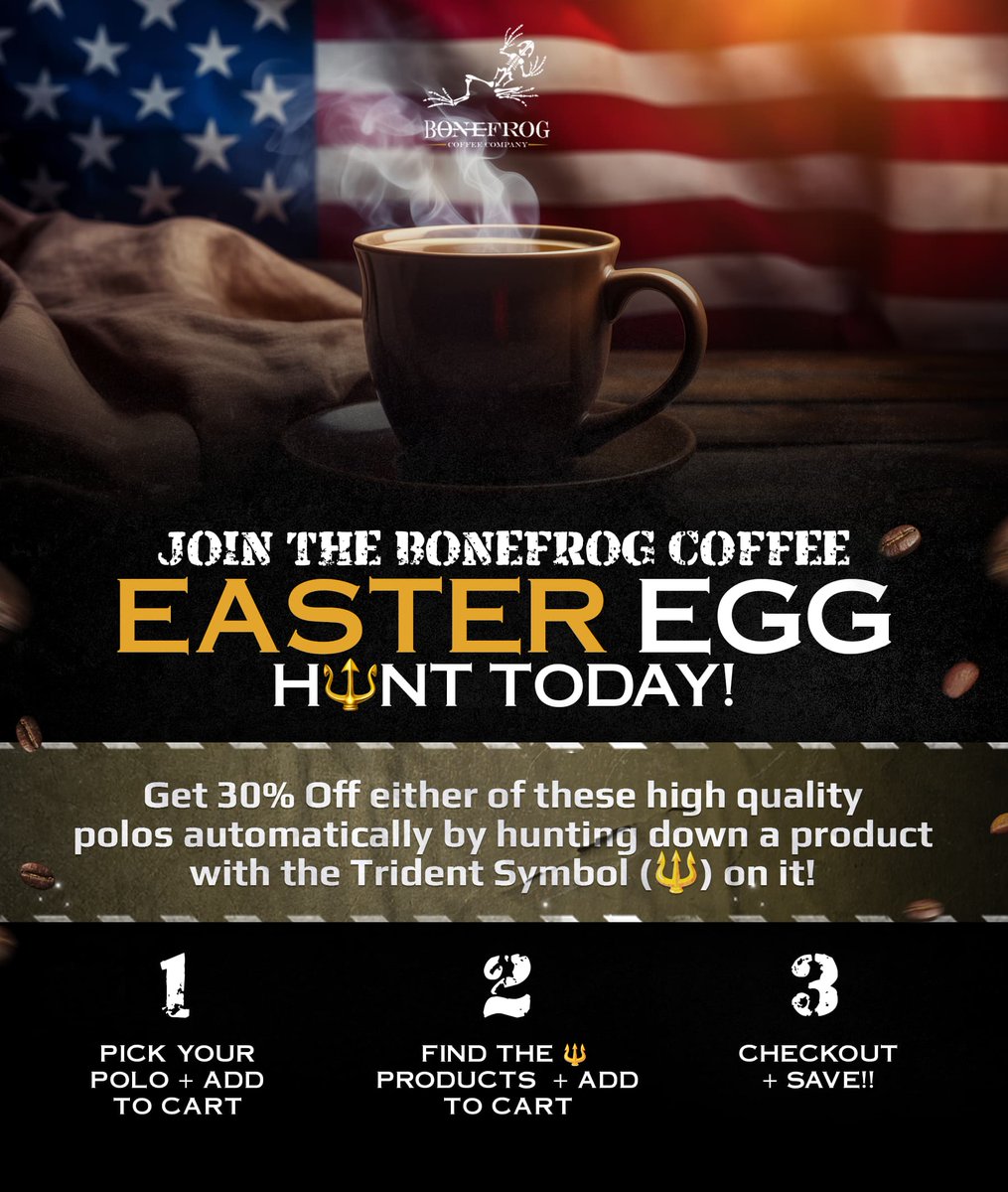 🐰 Hop into Easter weekend with Bonefrog Coffee's scavenger hunt! 🐰 Break from #MugMadness for Easter fun. Visit bonefrogcoffee.com and add your polo to your cart. Find trident logo products🔱 and add them, too. Get 30% off your polo purchase at checkout. #BonefrogCoffee