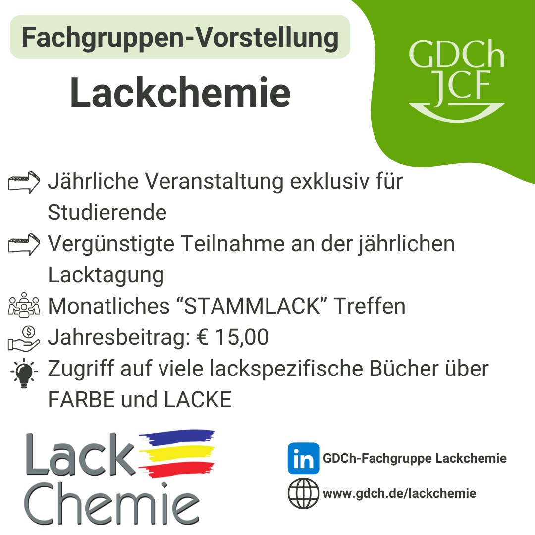 Du bist im Bereich Lackchemie, Polymerchemie oder anderen angrenzenden Fachgebieten aktiv? Dann könnte das für Dich interessant sein! Die FG „Lackchemie“ ist die Plattform für den wissenschaftlichen Austausch und der Weiterbildung im Bereich der Farben und Lacke. @GDCh_aktuell