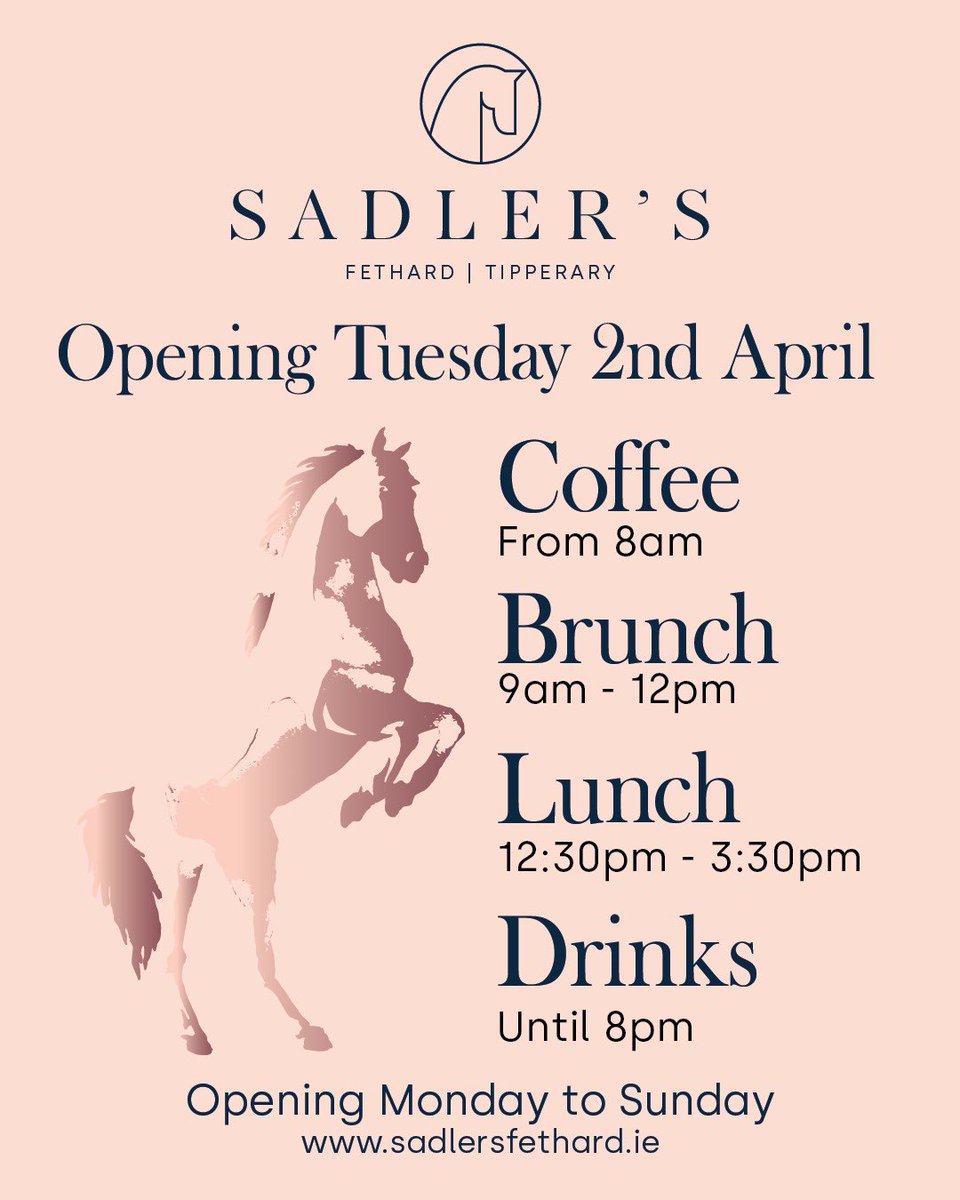 We are delighted to announce that SADLER’S opens on Tuesday 2nd April after the Bank Holiday Weekend! 

To learn more, visit sadlersfethard.ie or visit us here in beautiful #Fethard #Tipperary. 

#GiddyUp 🐎