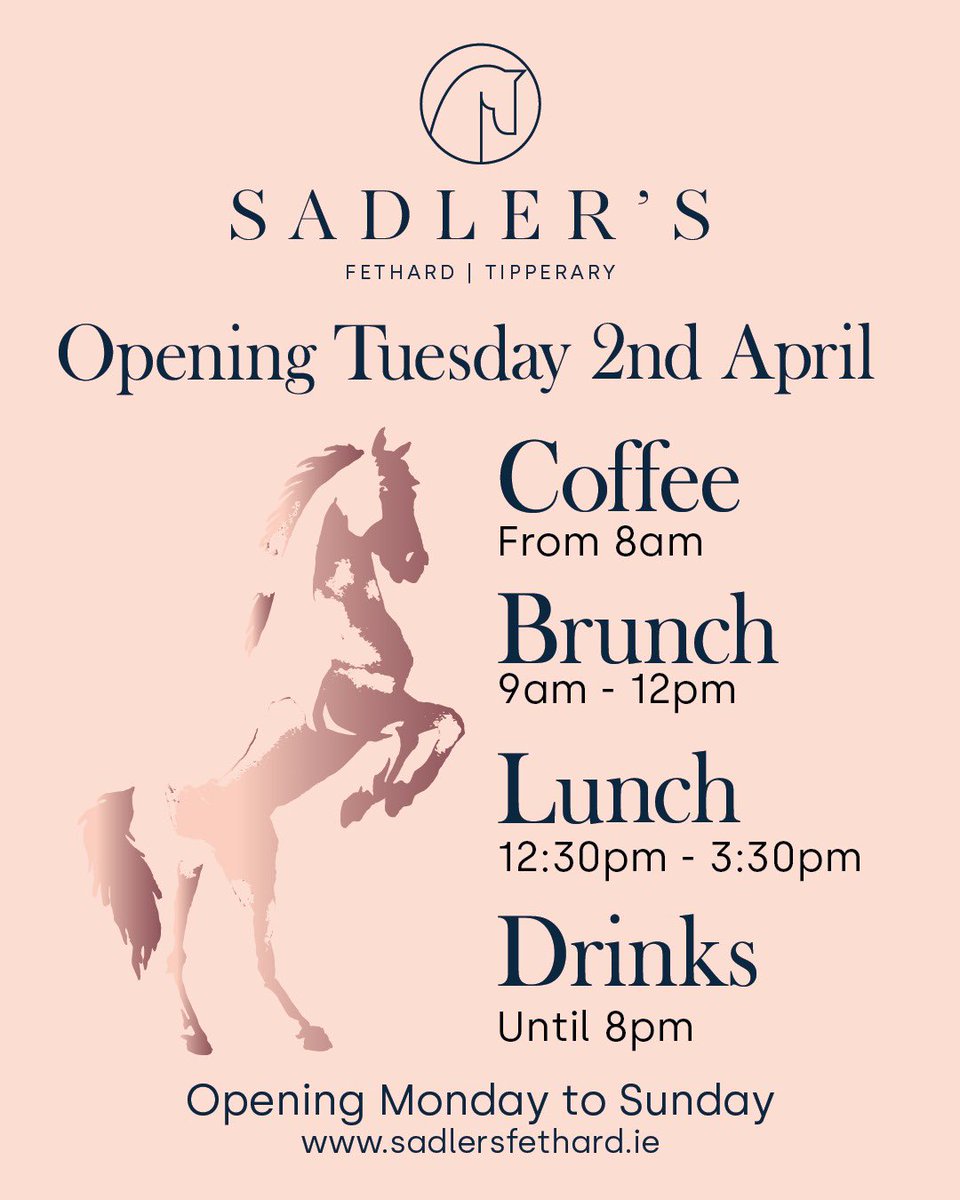 We are delighted to announce that SADLER’S opens on Tuesday 2nd April after the Bank Holiday Weekend! To learn more, visit sadlersfethard.ie or visit us here in beautiful #Fethard #Tipperary. #GiddyUp 🐎