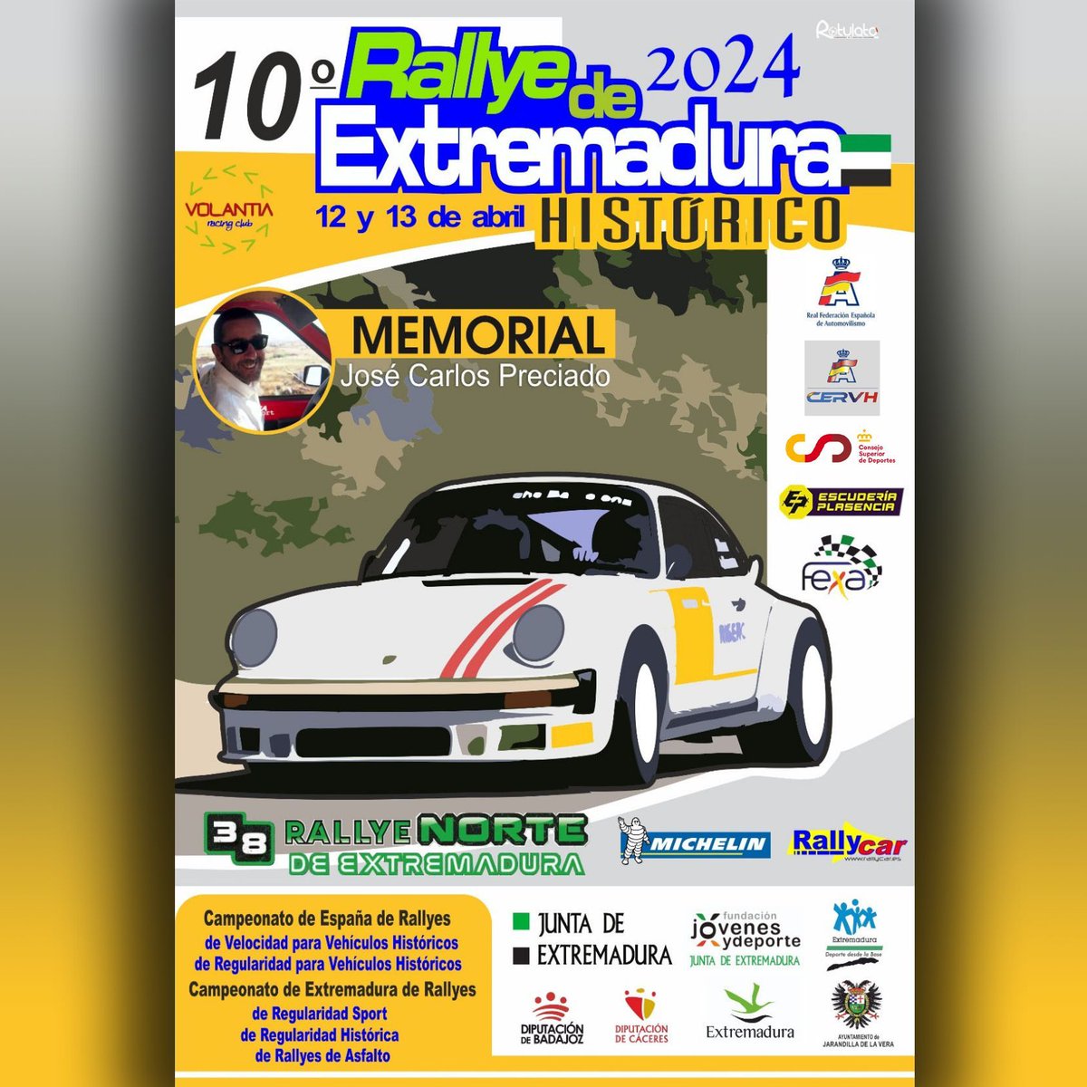Cartel del #RallyeExtremaduraHistorico, segunda prueba del #CERVH 2024, que se disputará los días 12 y 13 de abril. ℹ️ Toda la información en la página web de @volantia_rc 👉 volantia.es