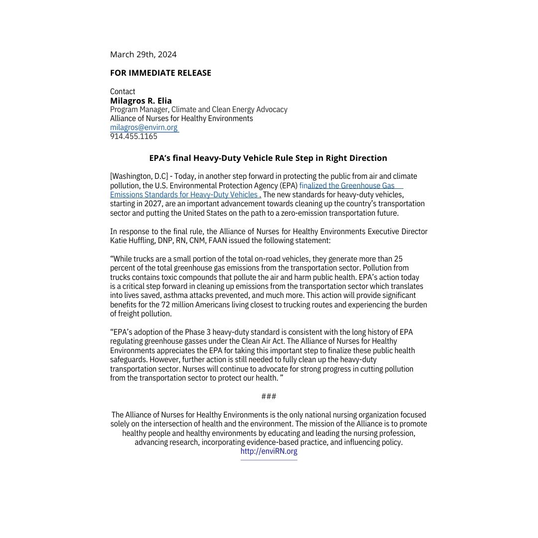 ANHE's Press Statement on todays @EPA announcement on the finalized the Greenhouse Gas Emissions Standards for Heavy-Duty Vehicles with a quote from our Executive Director, Katie Huffling, DNP, RN, CNM, FAAN! #greenhousegasemissions #publichealth #heavydutyvehicles #healthpolicy