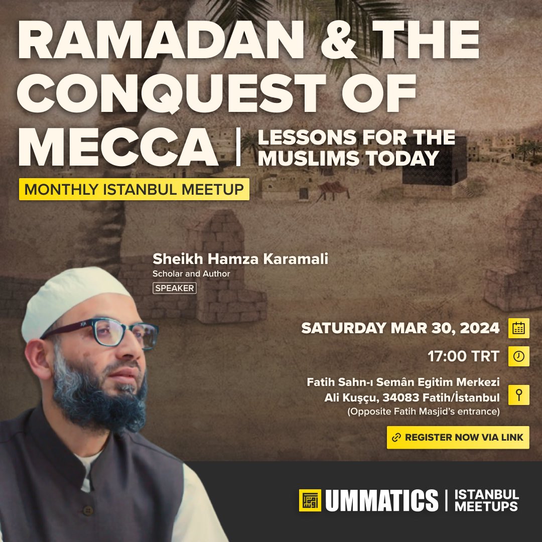 Sheikh @hamzakaramali will elucidate the crucial disparity between real meaning of fasting and merely abstaining from eating during the sacred month of Ramadan.
 
🗓️ 30 March 2024, Saturday
⏰ 17:00
📍  Fatih Sahn-ı Semân Egitim Merkezi
Register forms.gle/mQhYMfJ96iKQhs…