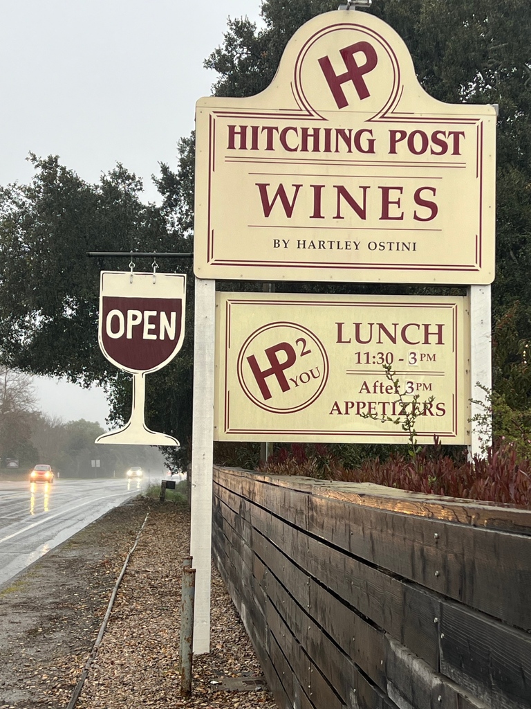 New sign, new hours! Look for the BIG WINE GLASS and join us at the Hitching Post wine room on Fridays, Saturdays and Sundays until 7pm 🍷 Wine glass sign painted by our house artist and wine room associate @schroederville_art #HP2 #Hitchingpost2 #buellton