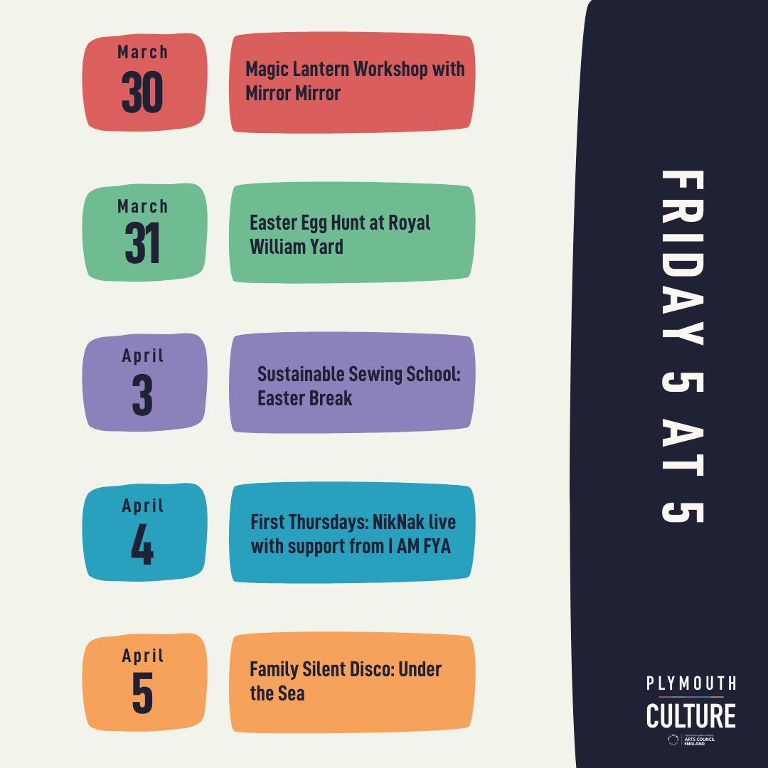 Friday 5️⃣ at Five - Here's our top five cultural highlights that we think you should know about this week in Plymouth! Find these events and more, or submit your local events here 👇🏼 bit.ly/3P0y9iA @theaiplym @realideasorg @karstgallery @theboxplymouth