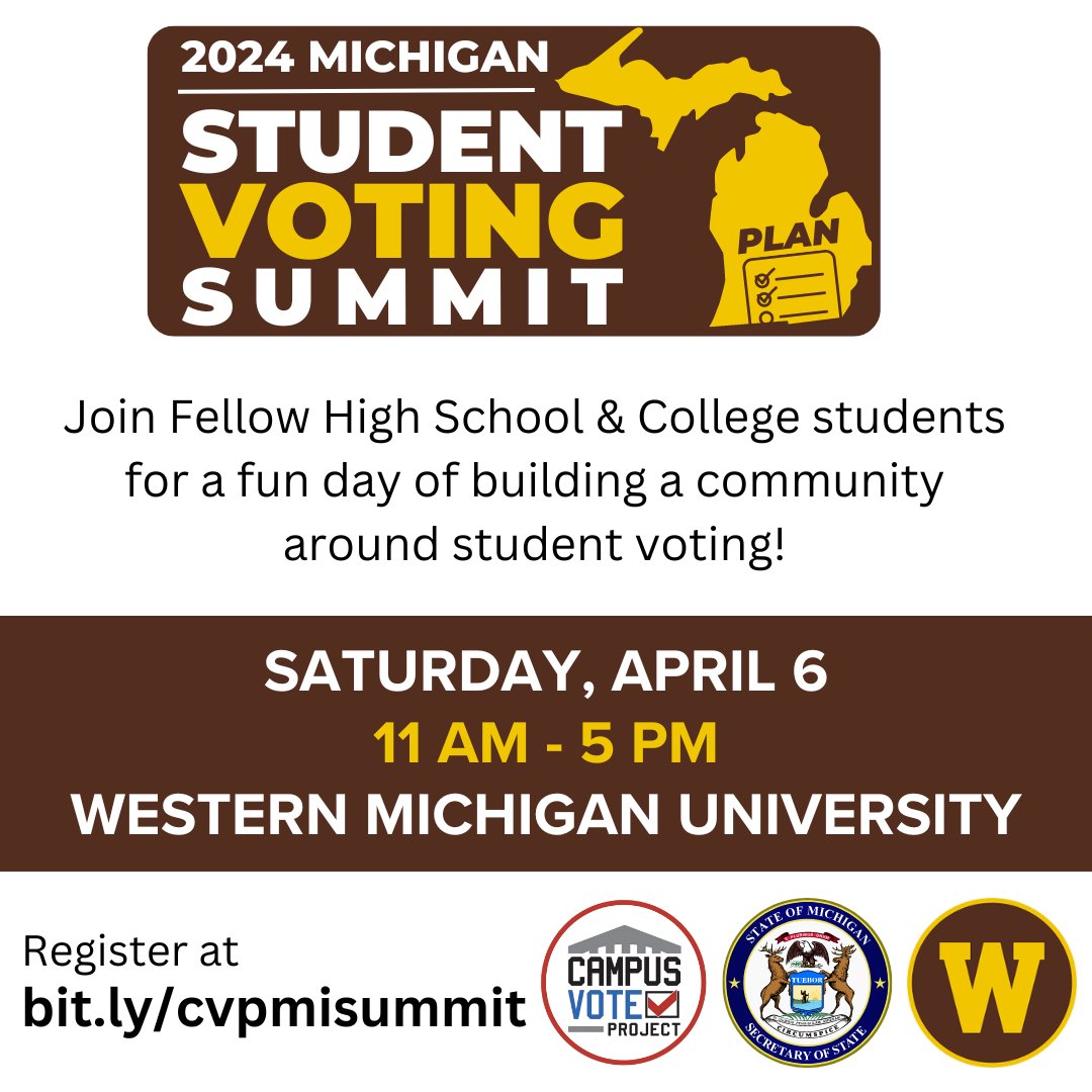 The Spring 2024 Michigan Student Voting Summit is just one week away! 🌟Free event 🌟Food provided 🌟Travel stipends available 🌟Live stream available for those who can't attend in person! What are you waiting for? Register now: bit.ly/cvpmisummit