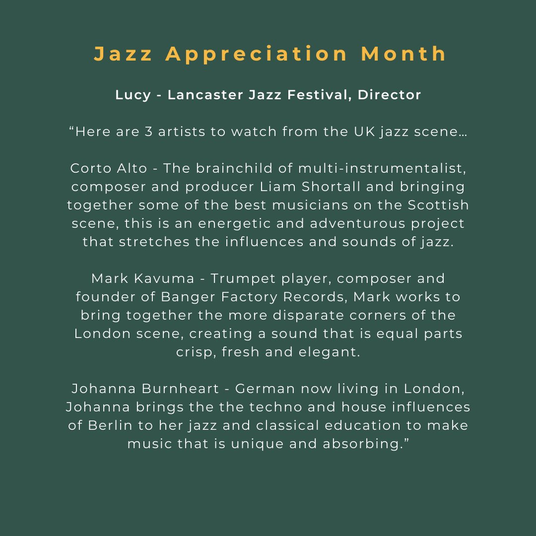 For #JazzAppreciationMonth, we’re sharing our teams’ fav jazz artists, and kicking the series off is Lucy, our Festival Director sharing the artists she has on her radar right now… “Here are three artists to watch from the UK jazz scene… @CortoAlto @MarkKavuma #JohannaBurnheart