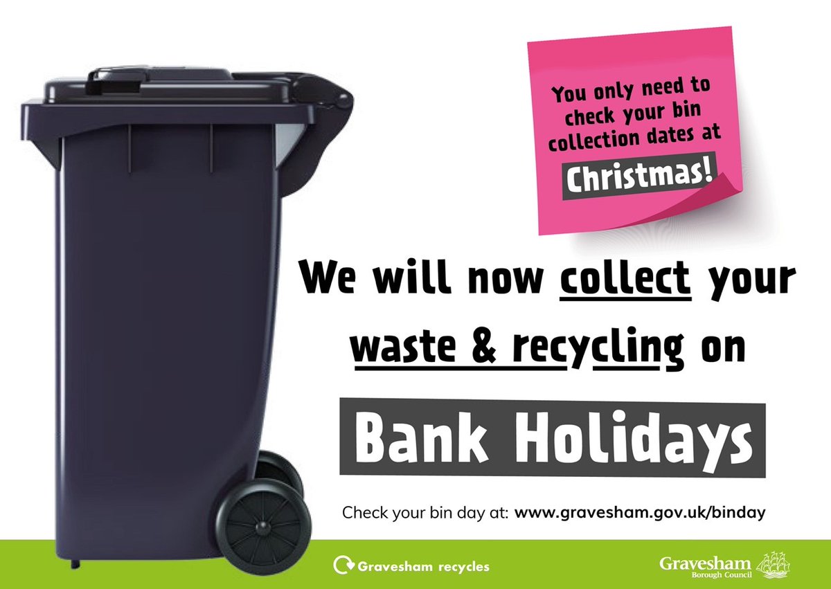 REMEMBER! We will collect your waste and recycling on Bank Holidays. This will mean that your refuse & recycling collection days will not change through the year, except at Christmas time.