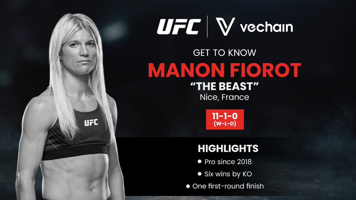 Attention VeFam! Our #UFC ambassador and all round star, @ManonFiorot_MMA, is hitting the octagon this weekend! Popularly referred to as 'The Beast,' Fiorot has an 11-1 win-loss record with 6 wins by knockout. Here are some highlights of her impressive career 👇📸 $VET