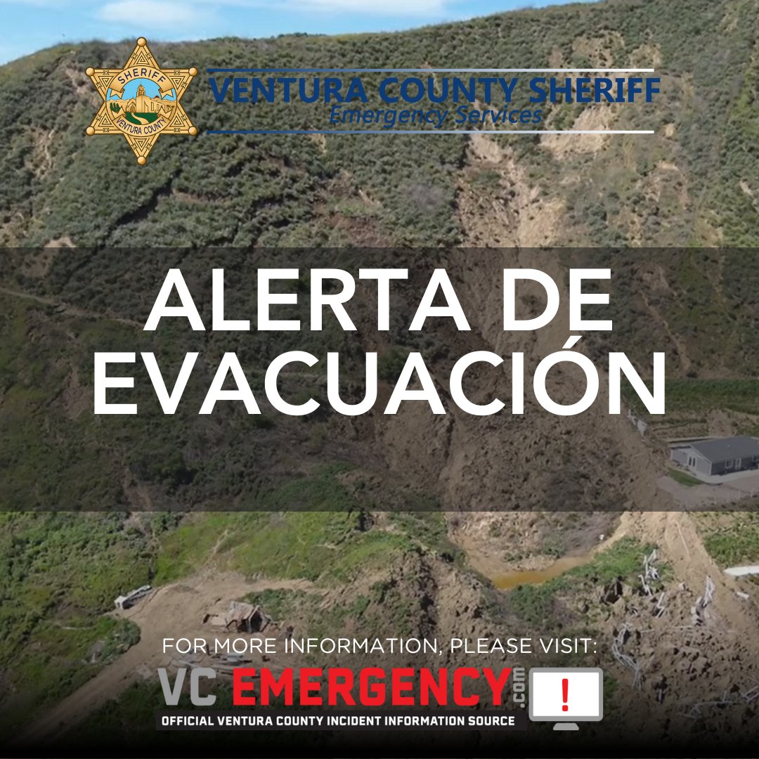 VENTURASHERIFF's tweet image. @countyventura Orden de Evacuación emitida para residentes en el área no incorporada de Santa Paula a lo largo de SR150 debido a actividad adicional de deslizamientos. Actualizaciones en vcemergency.com.
#VCSheriff #VCOES #SR150
@VCFD_PIO 
@santapaulacity
@Ojaipd