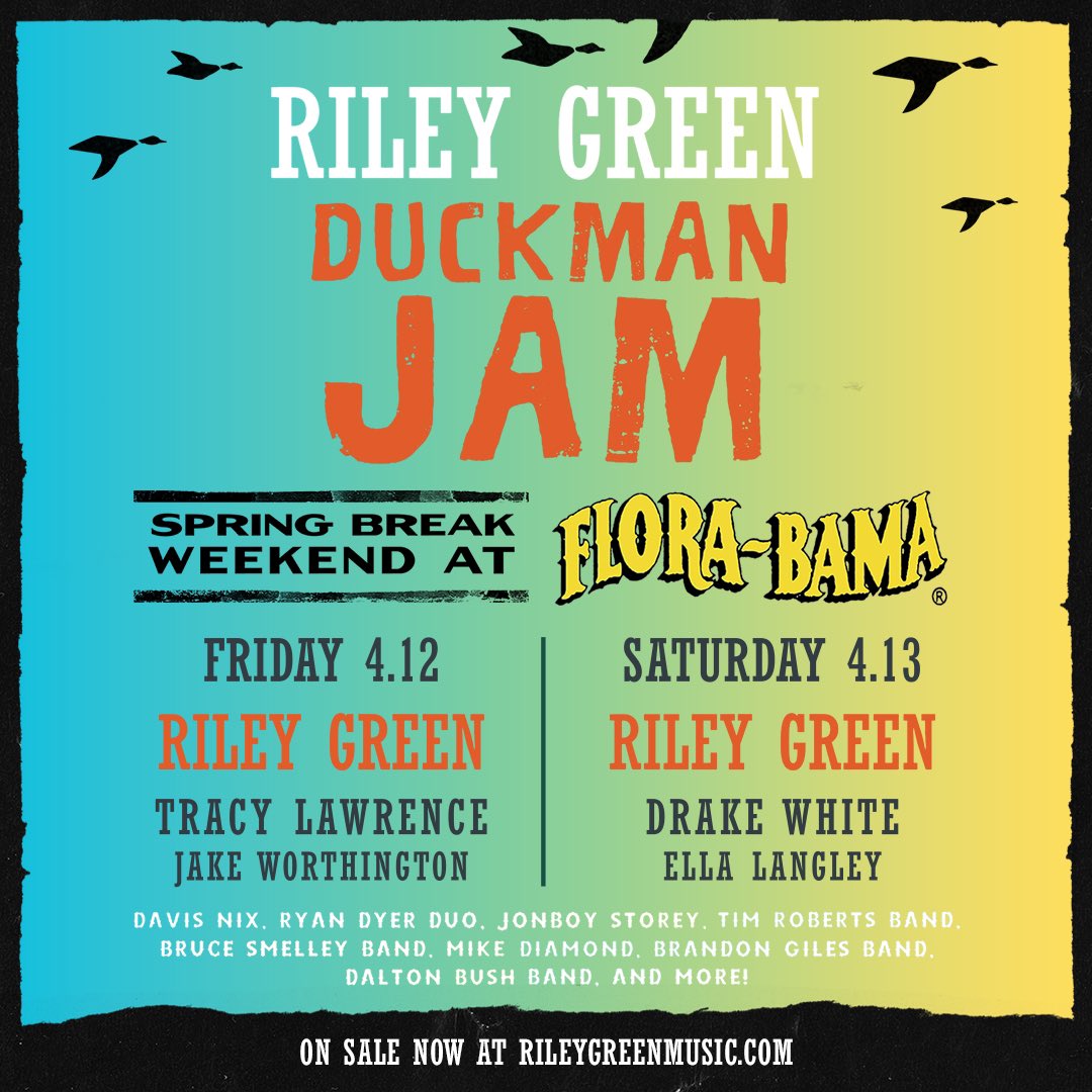 About 3 weeks to go until Duckman Jam in Flora-Bama! Tickets and VIP are going fast so make sure you grab em now - rileygreenmusic.com/tour. #weouthere #countrymusic #duckmanjam #florabama