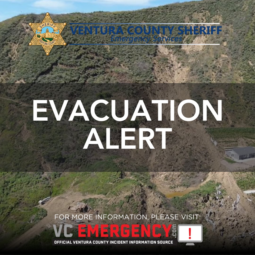 VENTURASHERIFF's tweet image. @countyventura Evacuation Order issued for residents in the unincorporated area of Santa Paula along SR150 due to additional slide activity. Updates at vcemergency.com. 
#VCSheriff #VCOES #SR150
@VCFD_PIO 
@santapaulacity 
@Ojaipd