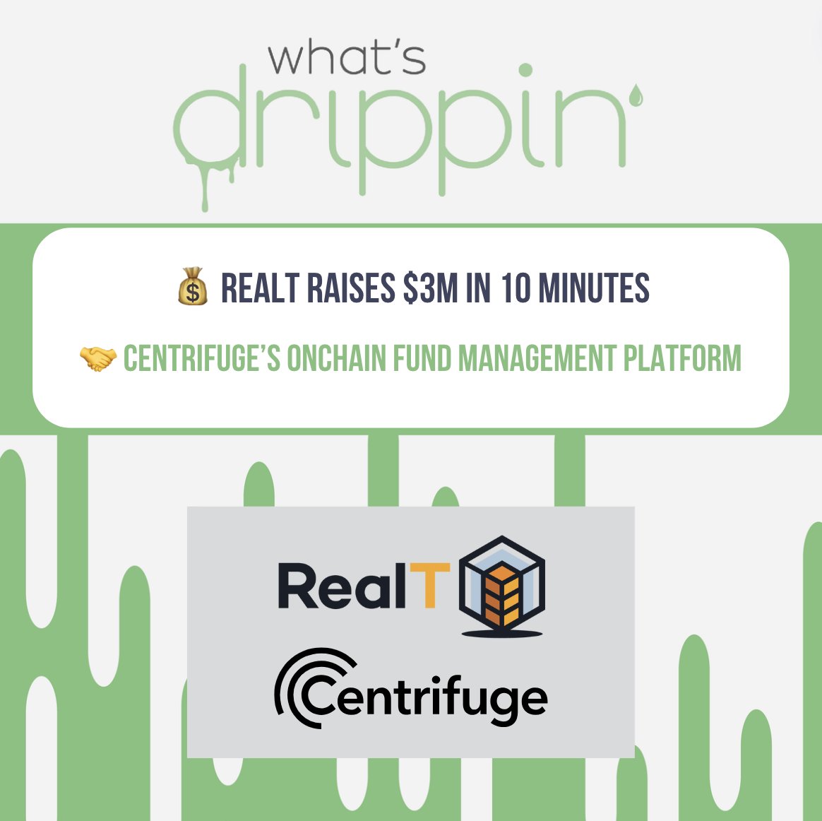 Jason_Barraza_'s tweet photo. In case you missed this past week's @STOmarket  What's Drippin' newsletter we have two captivating topics for you to dive into:

1️⃣ 💰 @RealTPlatform Raises $3M in 10 Minutes
Leveraging a Swiss framework, @JacobsonRemy and his team were able to host a $5M offering for their non-US investors, $3M of which filled in the first 10 minutes! Learn more about RealT and how they did it in the newsletter.

Major congratulations to Rémy, Yohann, and the team! 👏

2️⃣ 🤝 @centrifuge's Onchain Fund Management Platform
Specifically looking at #privatecredit, we’ve seen it grow in the tokenization space and #Centrifuge is looking to cater towards credit funds via their new fund management platform. One of the biggest problems they’re solving for includes capturing “an entire fund's onchain and offchain portfolio positions, transactions, and operations data in a secure, immutable, and reportable manner.”

Learn all about it in What's Drippin' !

Full Edition: https://t.co/N78UIy9M06

As per usual, remember that all of this information is for educational purposes only and is NOT investment or legal advice! Consult your lawyers, wealth managers, and CPAs before making any investments and do your own research (DYOR).