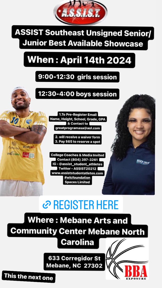 ASSIST2021 (@assist20212) on Twitter photo ASSIST Southeast Unsigned Senior JUCO Sophomore Showcase 🔥🔥🔥SHOWCASE APRIL 14th 2024event Lock in you and Membane Community Center Membane NC
assiststudentathletes.com/SPECIAL_EVENTS… <a href="/CoachQVA/">CoachQ</a> <a href="/Cmk_KillaCam/">(Cameron) Assist Student Athletes Evaluator</a> <a href="/coachkent02/">#alwaysinthegym</a> <a href="/cedpatterson21/">Cedric Patterson</a> <a href="/NCSpartans/">NC Spartans</a> <a href="/Collins__Sports/">Anthony Collins</a> ASSIST Southeast Unsigned Senior JUCO Sophomore Showcase 🔥🔥🔥SHOWCASE APRIL 14th 2024event Lock in you and Membane Community Center Membane NC
assiststudentathletes.com/SPECIAL_EVENTS… <a href="/CoachQVA/">CoachQ</a> <a href="/Cmk_KillaCam/">(Cameron) Assist Student Athletes Evaluator</a> <a href="/coachkent02/">#alwaysinthegym</a> <a href="/cedpatterson21/">Cedric Patterson</a> <a href="/NCSpartans/">NC Spartans</a> <a href="/Collins__Sports/">Anthony Collins</a>