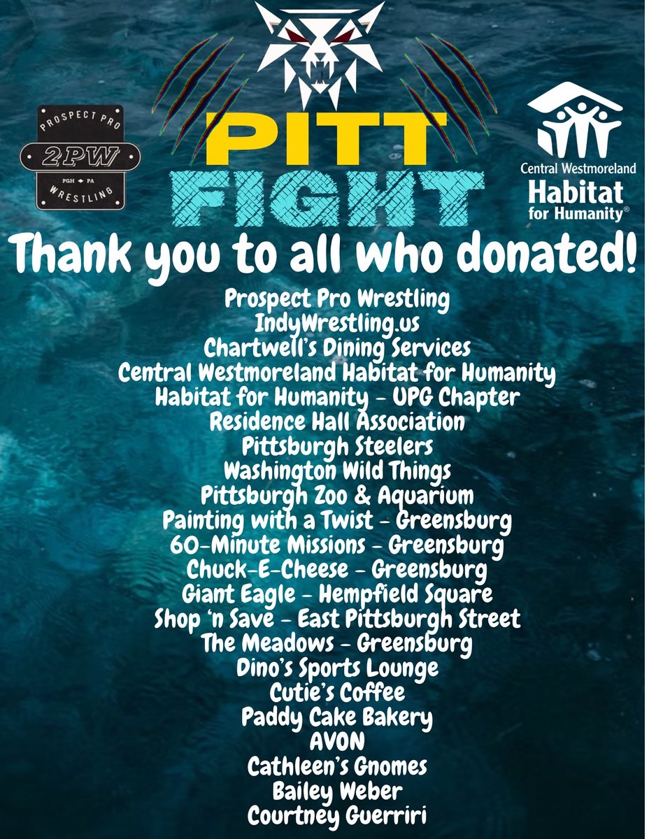 Wanted to come on here and give a HUGE shoutout to everyone that supported Pitt Fight these past few months! FIGHT! OR BE FORGOTTEN! was a huge success

In total, we raised $3,593 for Central Westmoreland Habitat for Humanity!!

WE ARE SO BACK!!! #PittFight #PittFightForever 💛💙