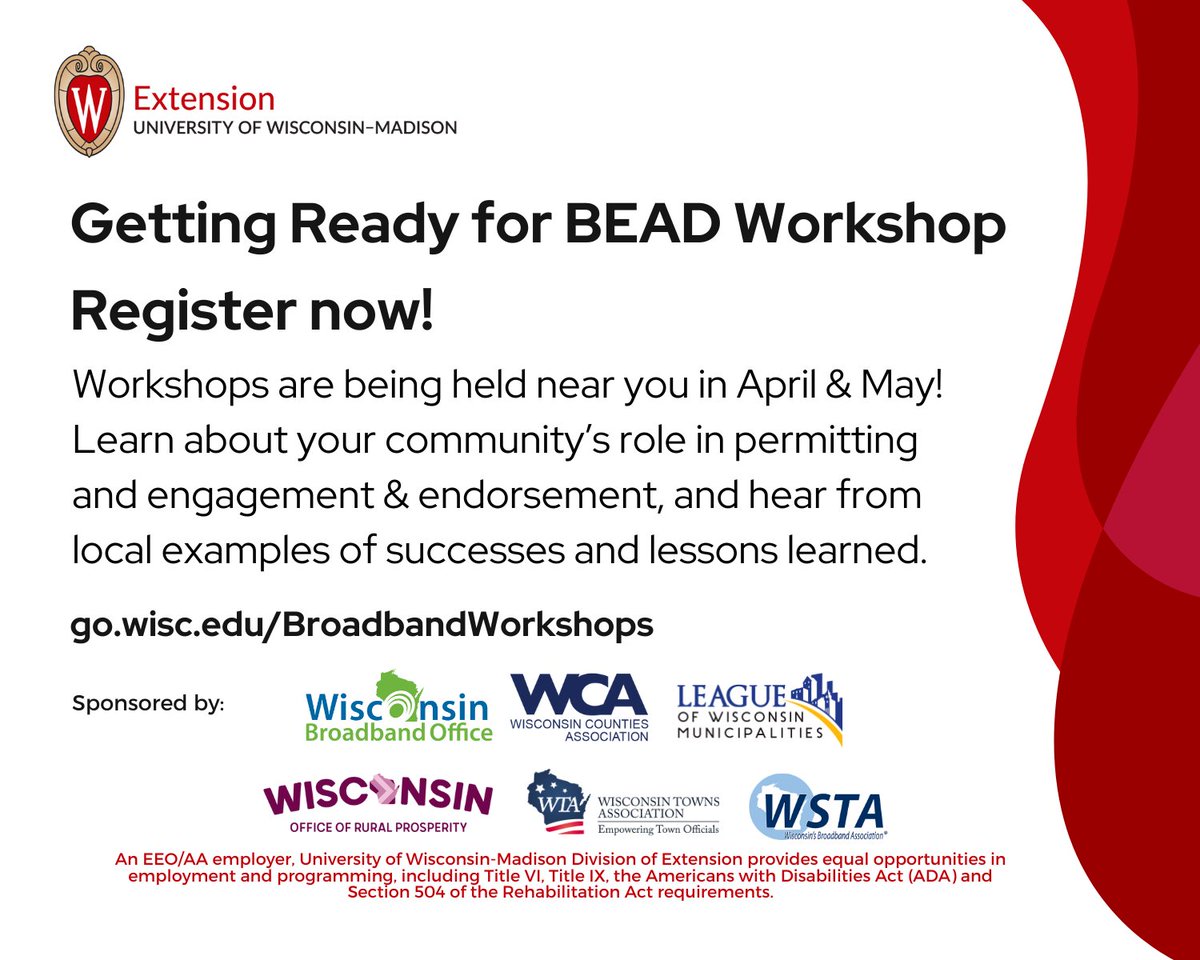 Our broadband workshops are continuing into April with Green Bay (4/10), Viroqua (4/16), and Stevens Point (4/25) find out more here: go.wisc.edu/BroadbandWorks…