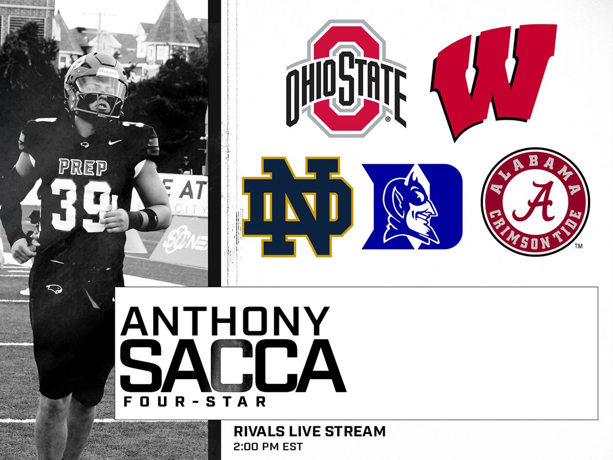 🚨LIVE COMMITMENT🚨 Tomorrow we go LIVE on YouTube with #Rivals250 LB Anthony Sacca🔥 Ohio State, Wisconsin, Notre Dame, Duke and Alabama are his finalists…who will it be👀 TUNE IN👉 bit.ly/49gCQvR