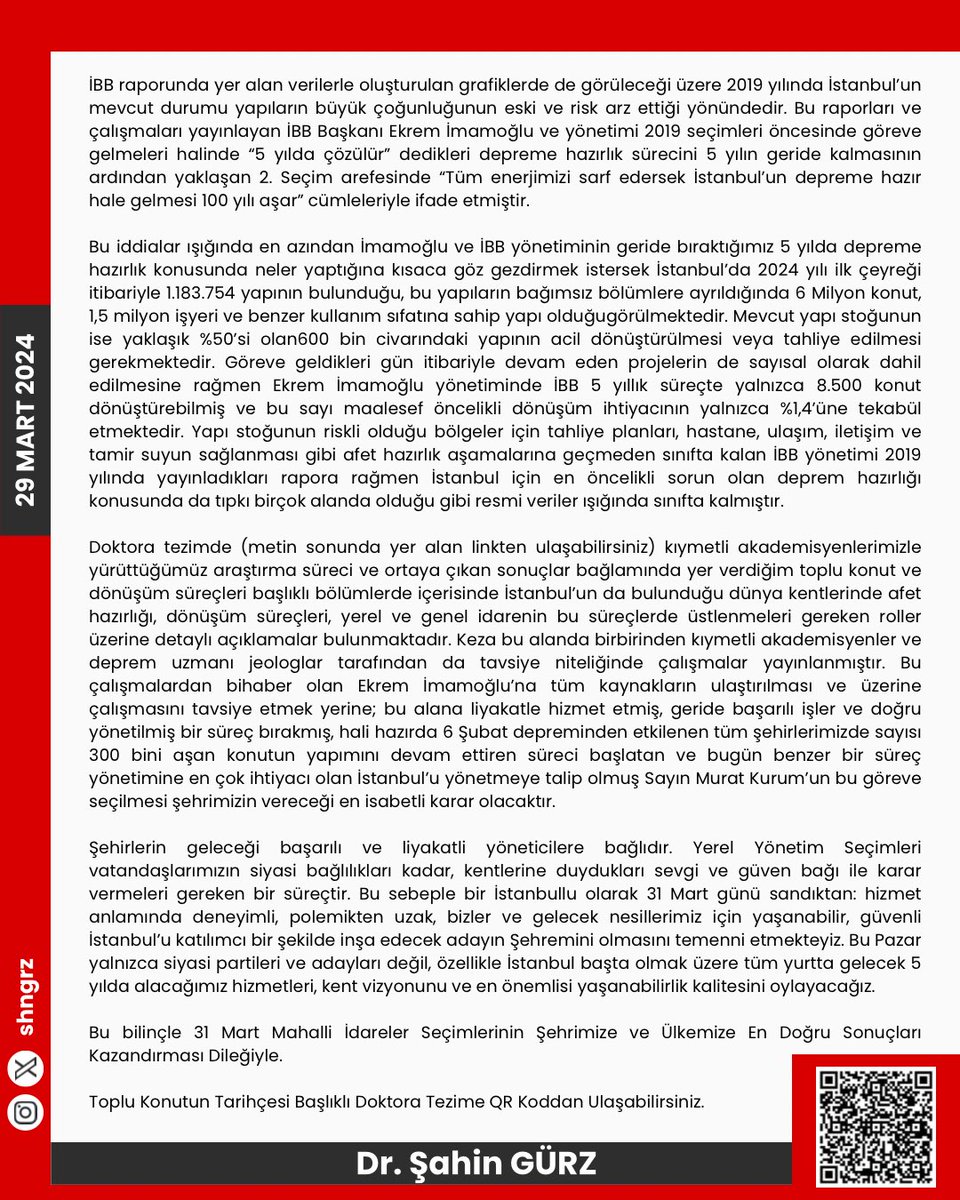 İstanbul geleceğimiz; bizlerin ve sonraki nesillerin binlerce yıllık tarihi ve bü güzel şehri daha nitelikli yaşayabilmesi için İstanbul’un ilk olarak depreme hazırlıklı olması elzemdir. Bu bağlamda saha çalışmalarımızda da sıkça ifade ettiğimiz, doktora tezimde incelemiş olduğum