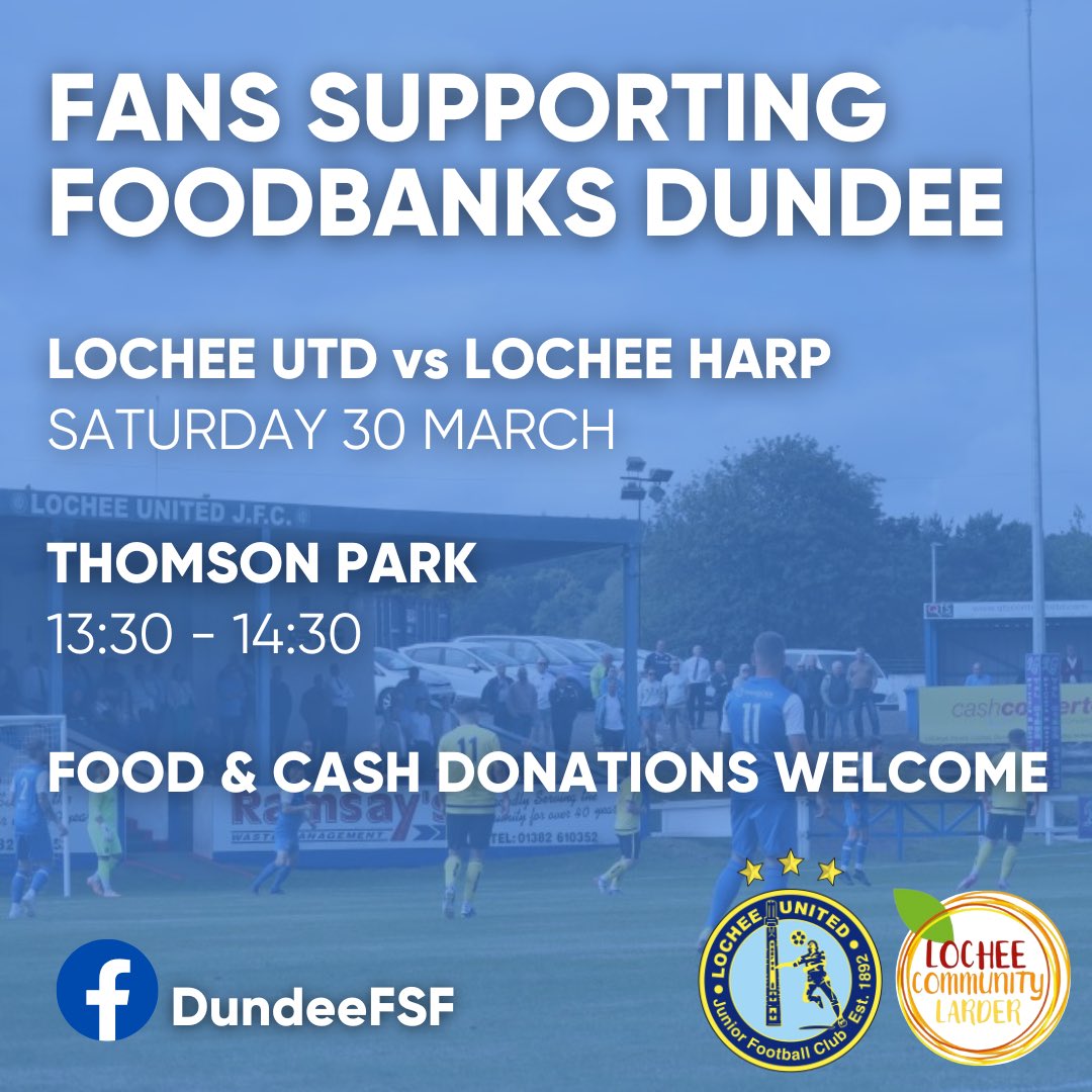 🥫 LOCHEE DERBY COLLECTION 🥫 We will be at Thomson Park tomorrow with Lochee Community Larder for our monthly foodbank collection! Please consider dropping off a few items if you are heading to the game! 🤝 @LocheeUnitedJFC @LocheeHarpJFC