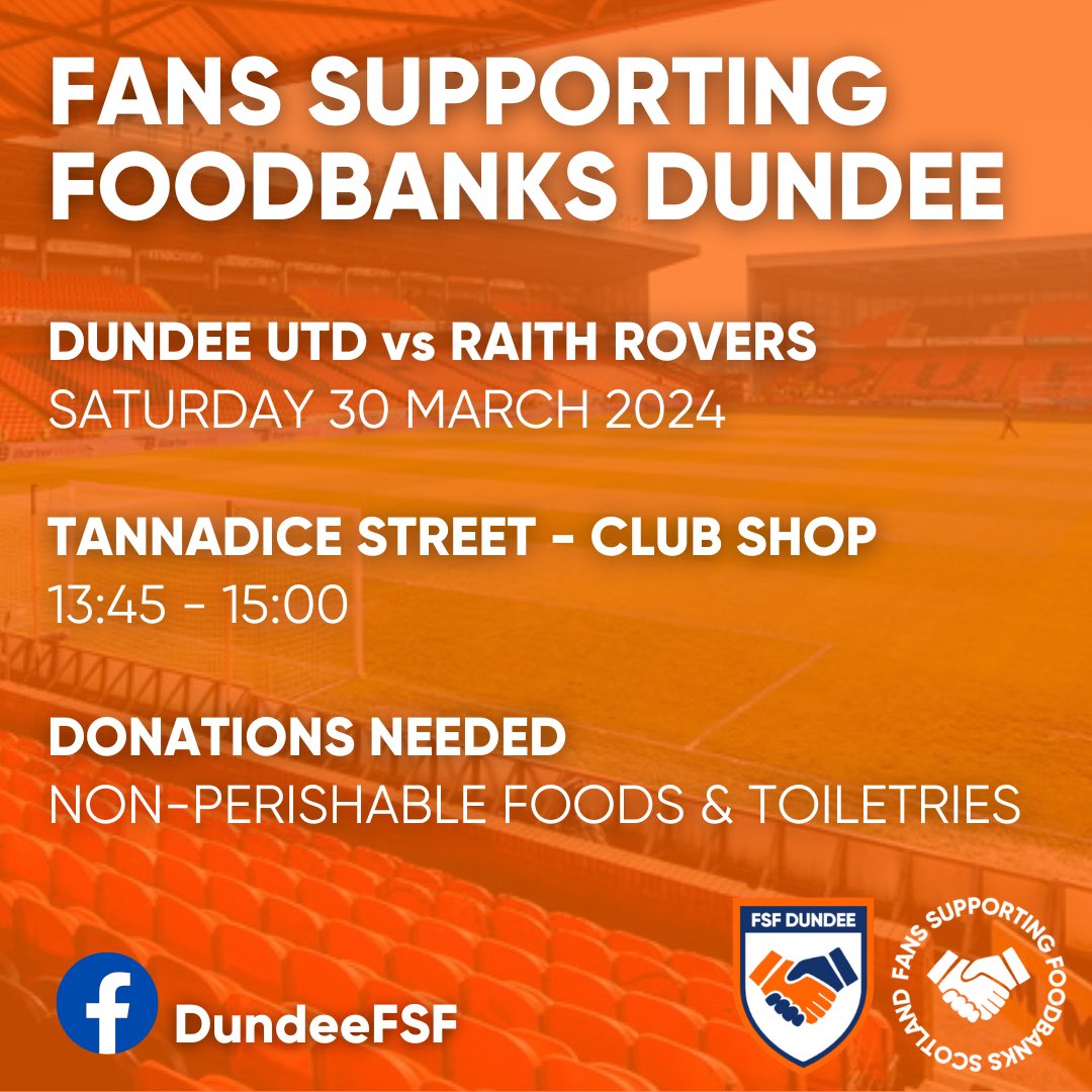 🥫 TANNADICE FOODBANK 🥫 A massive crowd heading to Tannadice this weekend! 🧡 If every fan brought one small bag of food, it could make a massive difference to those struggling across the city! 🥫⚽️ @CuparArabs @ArabArchiveDUFC @feddusc @RossDocherty1