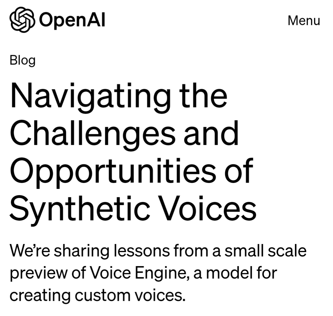 SmokeAwayyy's tweet image. OpenAI Voice Engine Blog

&quot;Voice Engine...uses text input and a single 15-second audio sample to generate natural-sounding speech that closely resembles the original speaker. It is notable that a small model with a single 15-second sample can create emotive and realistic voices.&quot;