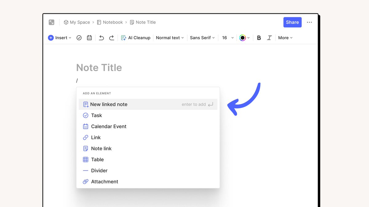 🆕 There’s one more slash command in the menu—you can now create a new linked note with one simple keystroke! Available in v10.82, rolling out now on Desktop and Web.