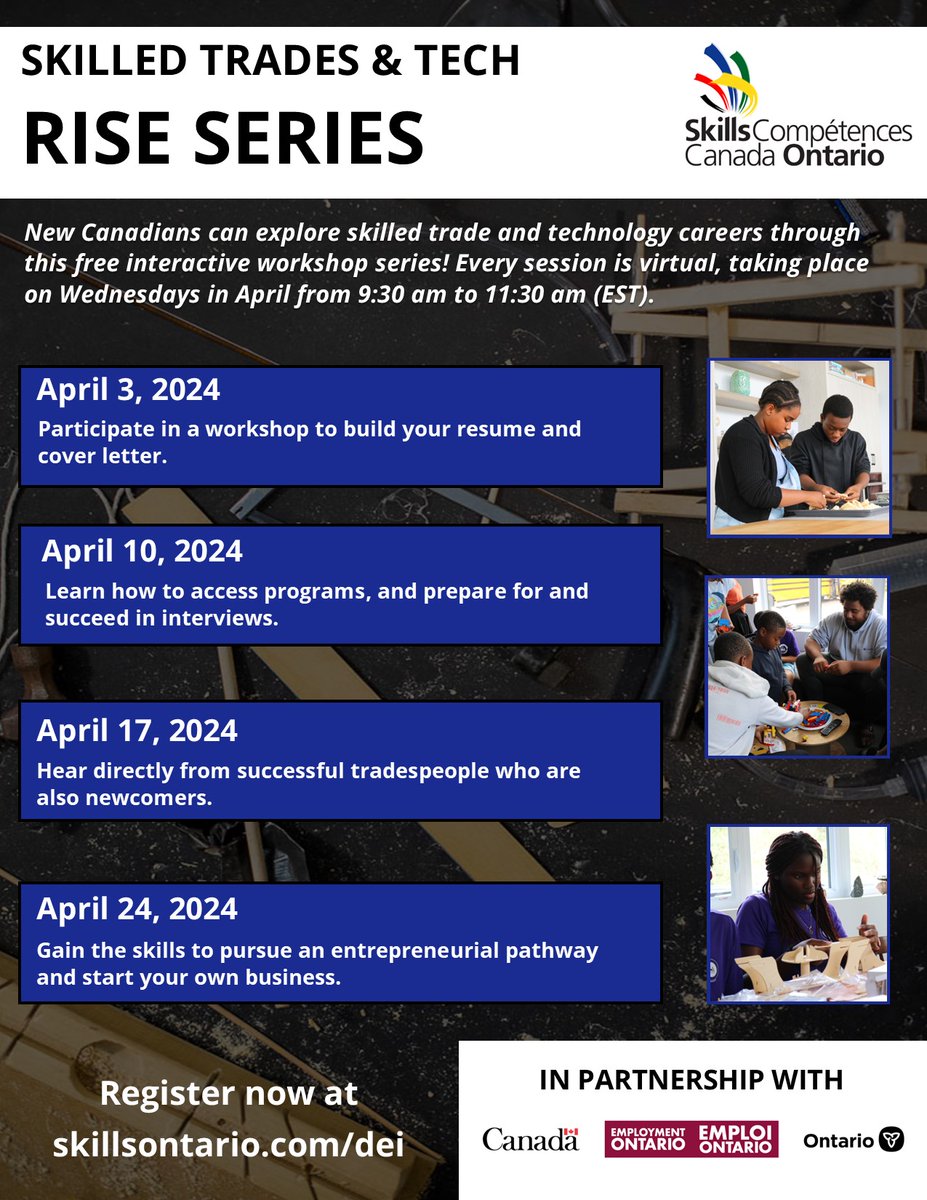 Join us every Wednesday in April for the #SkilledTrades & #Tech RISE Series! This event allows #NewCanadians to explore #SkilledTrade & #Technology careers through #Free interactive #Workshops. The first event is April 3rd! #EventDetails can be found on the flyer below 👇