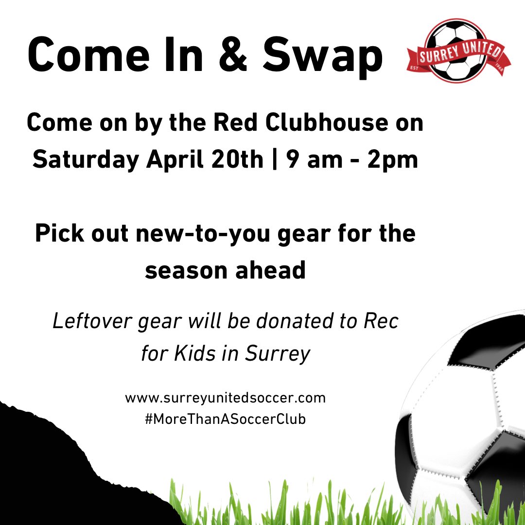 Gear Drop & Swap Event Alert!

Looking to upgrade your child’s soccer gear? Have gear your children have outgrown? Join us this spring for our gear exchange event. Brought to you by the SUSC Equity, Accessibility, Inclusion & Diversity Committee. #gearswap #morethanasoccerclub